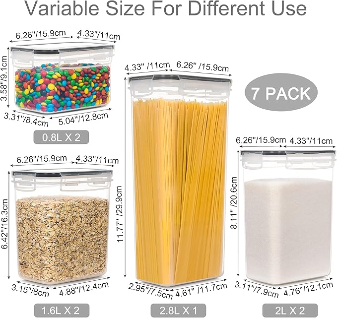 PANTRYSTAR Airtight Food Storage Containers with Lids, 7 PCS BPA Free Kitchen Canisters for Spaghetti, Pasta, Dry Food, Flour and Sugar, Plastic Canisters for Pantry Organization and Storage