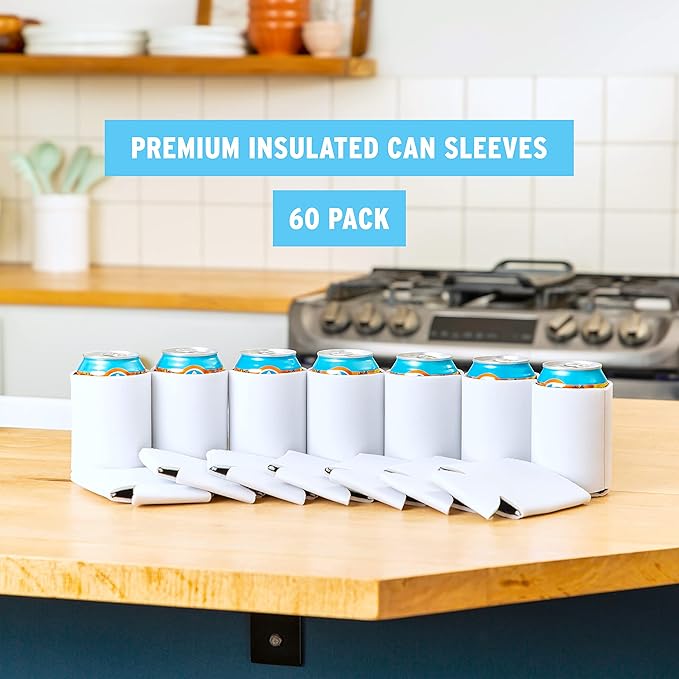 Blank Beer Can Cooler Sleeves (60-Pack) Soft Insulated Beer Can Coolies - HTV Friendly Blank Koolies in Bulk for Beer Cans & Bottles - Coolie Blanks for Vinyl Projects & Wedding Favors (White)