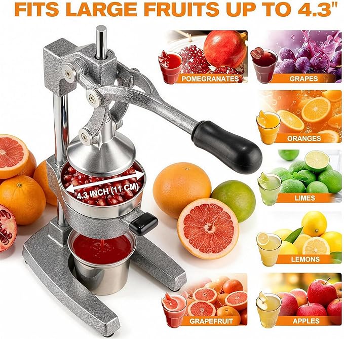 Cast Iron Citrus Juicer - 13.8LB Heavy Duty Manual Orange Press, 304 Stainless Steel Cup & Strainer, Professional Lemon Grapefruit Pomegranate Squeezer for Home Bar Kitchen, Grey