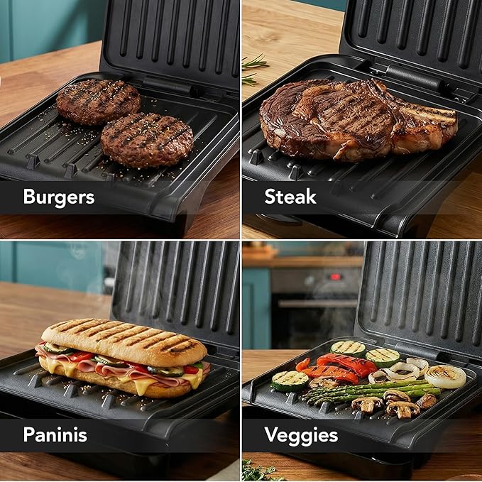OVENTE 2-Serving Electric Indoor Grill & Panini Press with Easy Clean Non-Stick Plate Coating, Opens 180 Degrees, 8.15" x 7.4" Space Saving Design, 750W Contact Grill for Burgers & More, Black GP222B