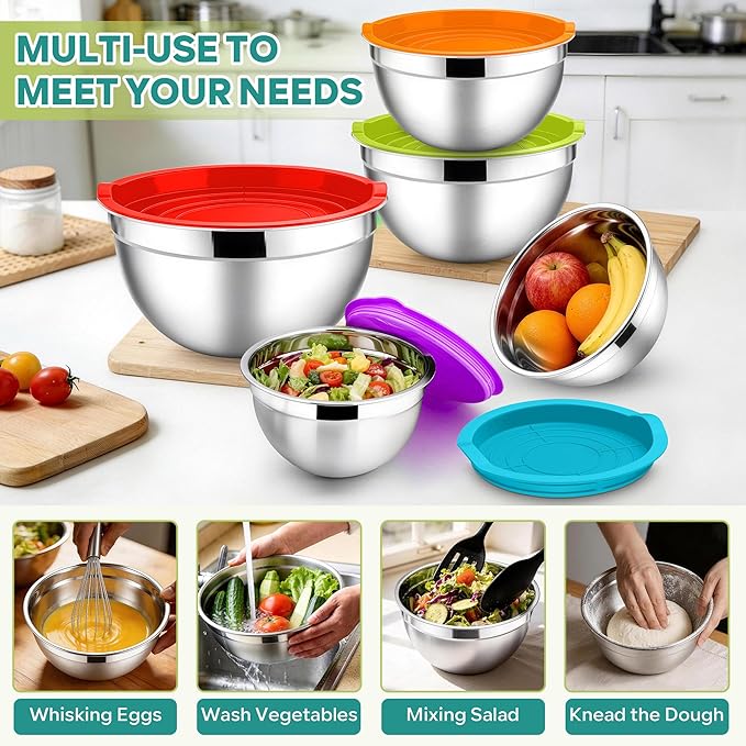 E-far Mixing Bowls With Lids Sets of 5, 10-Piece Stainless Steel Salad Metal Nesting Bowl for Baking Cooking and Prepping, Airtight Lid & Stackable Design, Size 4.6, 3, 2.1, 1.5, 0.7 QT, Colorful