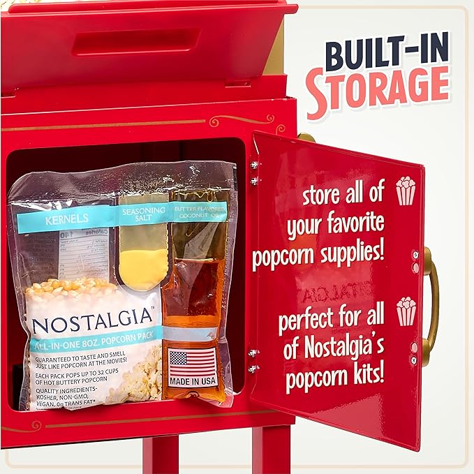 Nostalgia Popcorn Maker Machine - Vintage Theater Style Popcorn Cart With 2.5oz Stainless Steel Kettle, Makes Up To 10 Cups Easily - Bring Home the Fun with Theater Style Popcorn Machine- Red