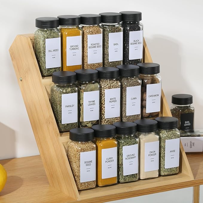 24 Glass Spice Jars with Labels, Spice Jar Set, 4oz Spice Containers, Seasoning Containers with Black Airtight Lids and Shaker Lids, Square Empty Spice Bottles, 492 Labels, 1 Funnel
