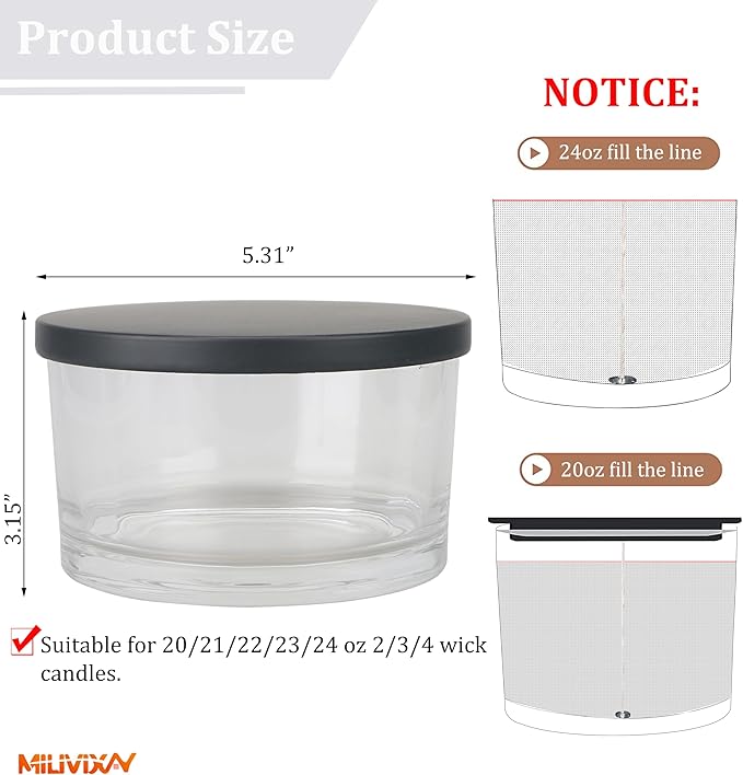 MILIVIXAY 6 Pack 24 oz Candle Jars with Metal Lids and Candle Making Kits - 3 Wick Candle Jar,Bulk Empty Clear Thick Glass Jars for Making Large Candles - Spice, Powder Containers.