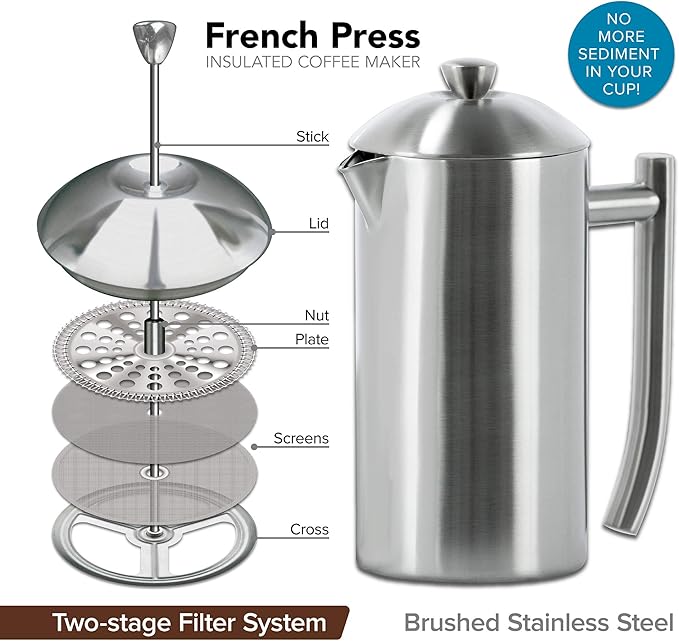 Frieling French Press Coffee Maker - 23 Ounce, Brushed Stainless Steel - Coffee Press & Cold Brew Pitcher - Stovetop Espresso Maker for Camping & Travel