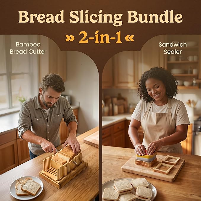 Bread Slicer Guide for Homemade Bread 2-In-1 Set: Sourdough Rounds Slicer, Sandwich Sealer | Bread Loaf Slicing, Adjustable Bamboo Bread Cutter With Knife & Magnetic slot