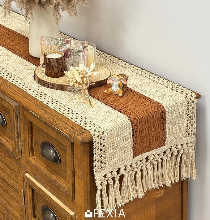 FEXIA Boho Table Runner for Home Decor with Tassels 108 Inches Long,Caramel Farmhouse Rustic Table Runner Macrame Burlap Table Decoration for Living Room Bridal Shower(12x108 Inches)