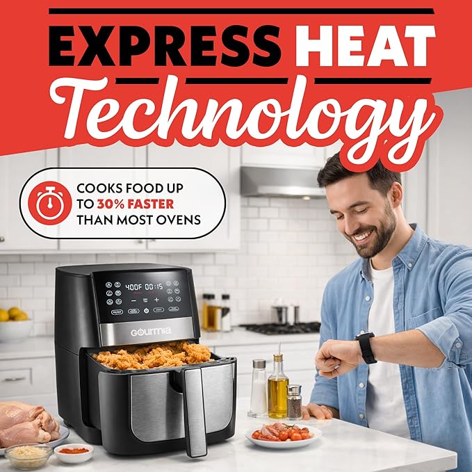 Gourmia 8 Qt Digital Air Fryer GAF826 – XL Capacity with 12 One-Touch Presets, Nonstick Dishwasher Safe Basket, Oil-Free Cooking, ETL-Certified, Sleek Black Finish