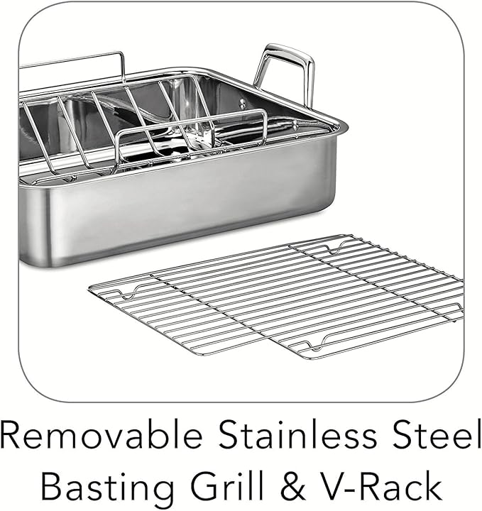 Tramontina 16.5-Inch Stainless Steel Deep Roasting Pan with Basting Grill and V-Rack, Turkey Roaster for Oven, Dishwasher Safe, Made in Brazil