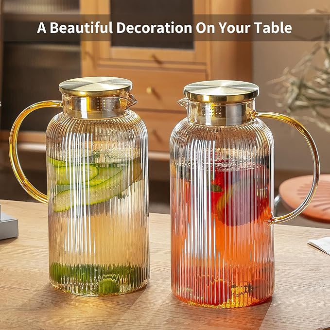 Buaic 2 PACK Glass Pitcher with Lid, 68 oz/ 2 Liter Amber Classic Vertical Stripes Water Pitcher,Glass Water Carafe for Cold Brew, Coffee, Lemonade, Iced Tea,Beverage, Heat Resistant Water Glass Jug