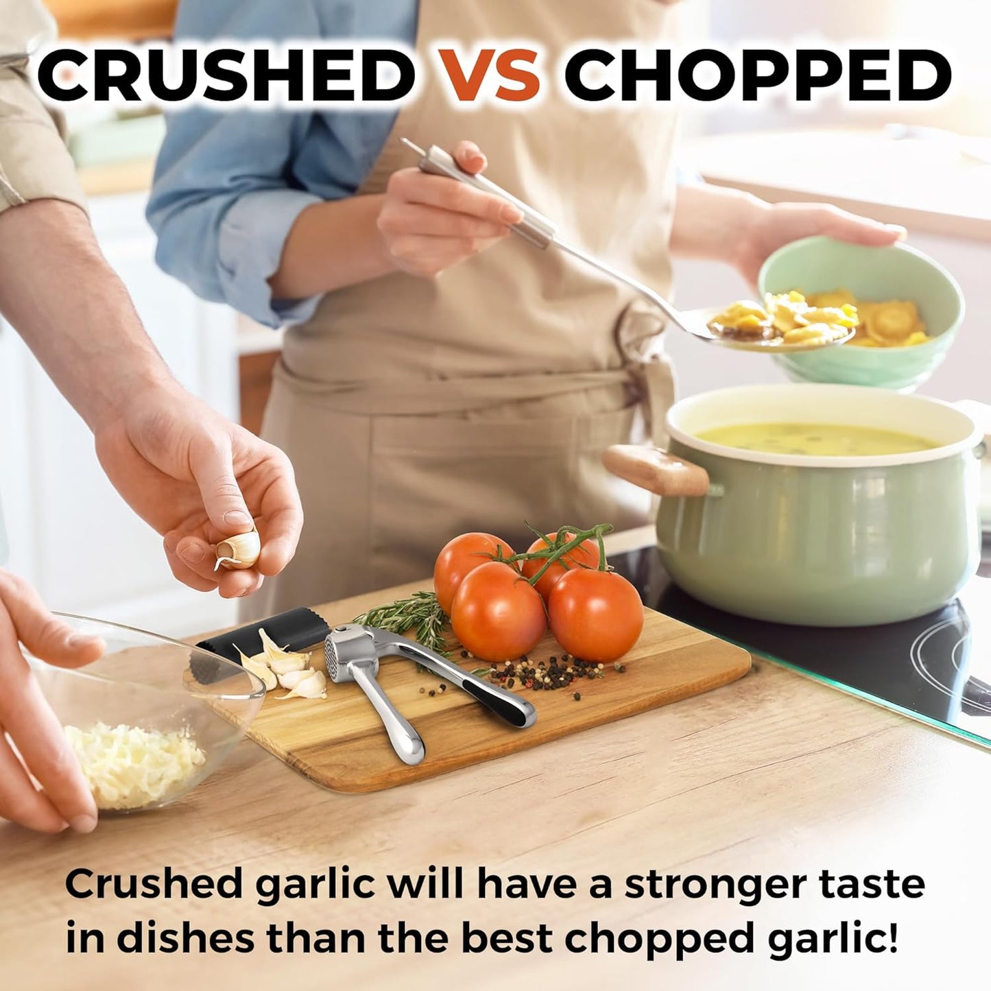 Zulay Kitchen Large Premium Garlic Press Set - Bigger Bowl for Bigger Garlic - Rust Proof & Dishwasher Safe Garlic Mincer Tool - Easy-Squeeze, Easy-Clean Silicone Garlic Peeler & Brush (Chrome)