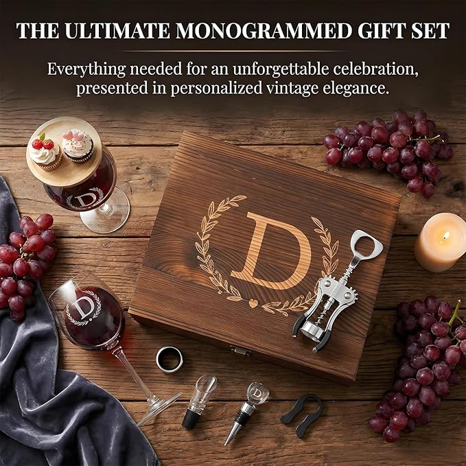 GZLDGIFTS Personalized Initial Wine Glasses Box Gift Set For Women Mom Engraved Birthday Monogrammed Wooden Christmas Gifts Wedding Anniversary Wine Couples Stopper Opener Initial Letterr (G Set)