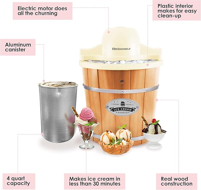 Elite Gourmet EIM-924LX 4 quart Old Fashioned Electric Ice Cream Maker, Pine Bucket