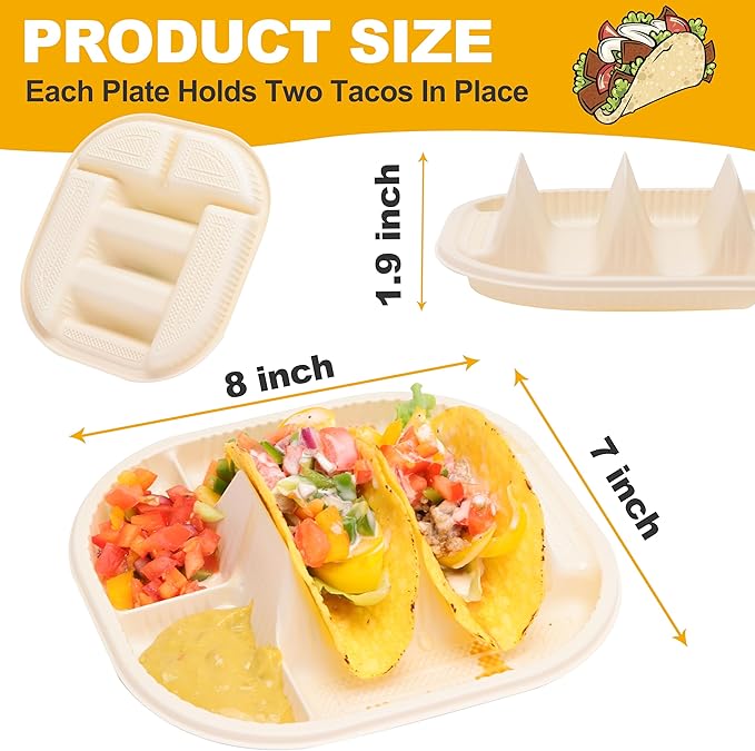 Small Disposable Taco Plates With Dipping Sides - 50 Pack, Biodegradable Cornstarch Taco Holder, Mini Size Fit 4-6 Inch Street Tortilla Shells, Sturdy & Microwave Safe, Bar Serving Set For A Party