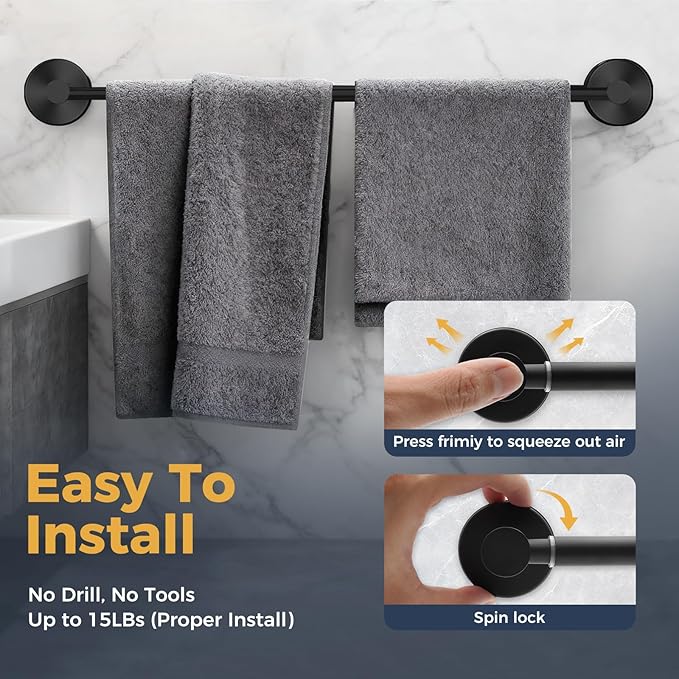 14.6inch~24inch Towel Racks for Bathroom,Adjustable Suction Cup Towel Bar for Bathroom Wall,Stainless Steel Bath Towel Holder for Shower,2 Pack(Matte Black)
