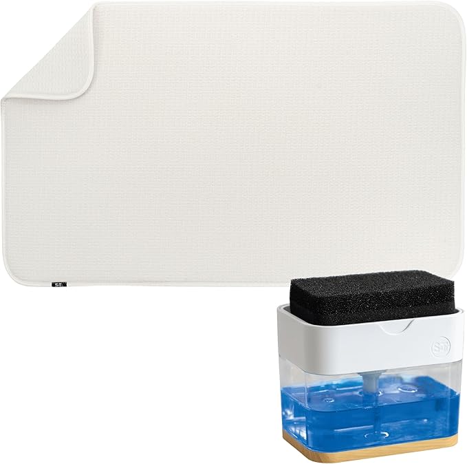 S&T INC. Dish Drying Mat 18" x 30" Cream and Dish Soap Dispenser White and Bamboo Bundle