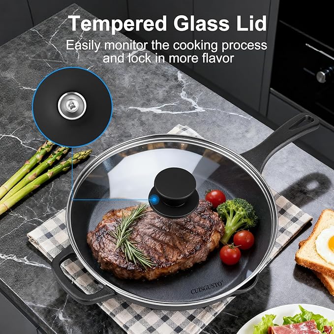 6 Inch Cast Iron Skillet with Tempered Glass Lid, Pre-Seasoned for Even Heating, Silicone Handle Cover & Pan Scraper, Perfect for Single Meals & Side Dishes