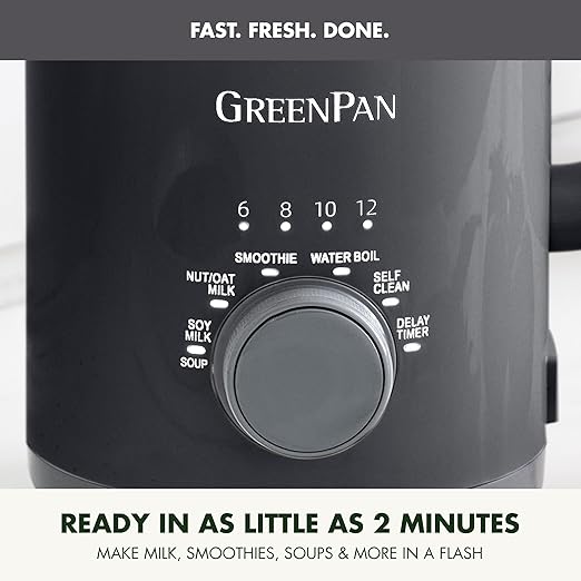 GreenPan Nut Milk Maker, 15-in-1 Homemade Soy, Almond, Oat, Coconut, Non-Dairy, Rice, Soup, Baby Food, BPA-Free, Smooth Creamy Texture, Self Clean, Barista Quality Milk, Delay Start, Boil Water, Gray