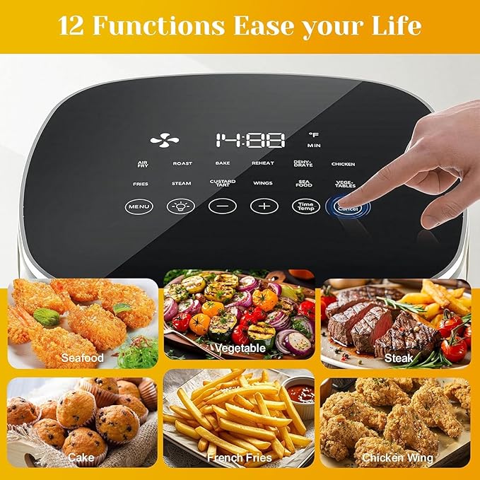 6-Quart Square Air Fryer with Viewing Window – 12-in-1 Multi-Function Appliance for Frying, Roasting, Baking, Steaming & Dehydrating, 400°F Maximum Temperature, Gray