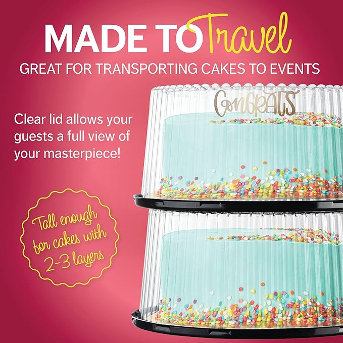10-11" Plastic Disposable Cake Containers Carriers with Dome Lids and Cake Boards | 5 Round Cake Carriers for Transport | Clear Bundt Cake Boxes Cover | 2-3 Layer Cake Holder Display Containers