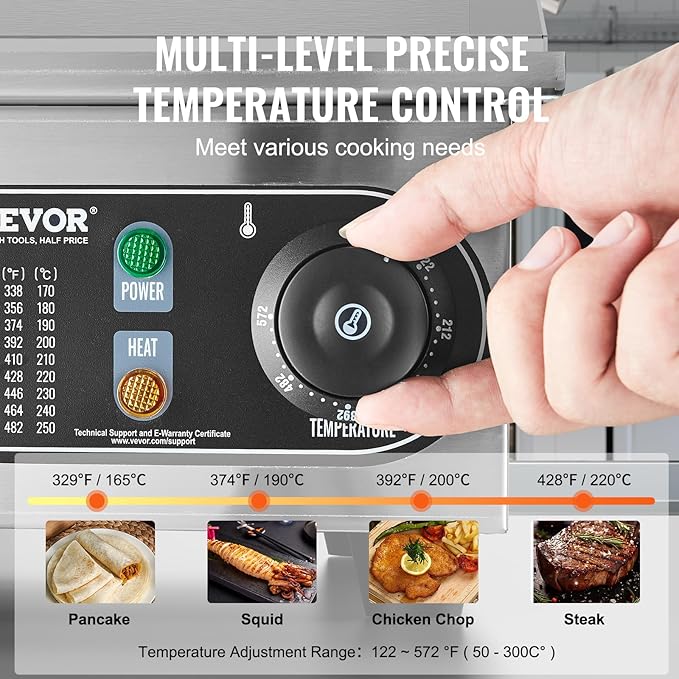 VEVOR Upgraded Commercial Electric Griddle, 2800W Stainless Steel Countertop Flat Top Grill, 26'' Griddle Grill with 2 Shovels and 2 Brushes, 122℉-572 ℉ Adjustable Temp, for Home Restaurant(No Plug)