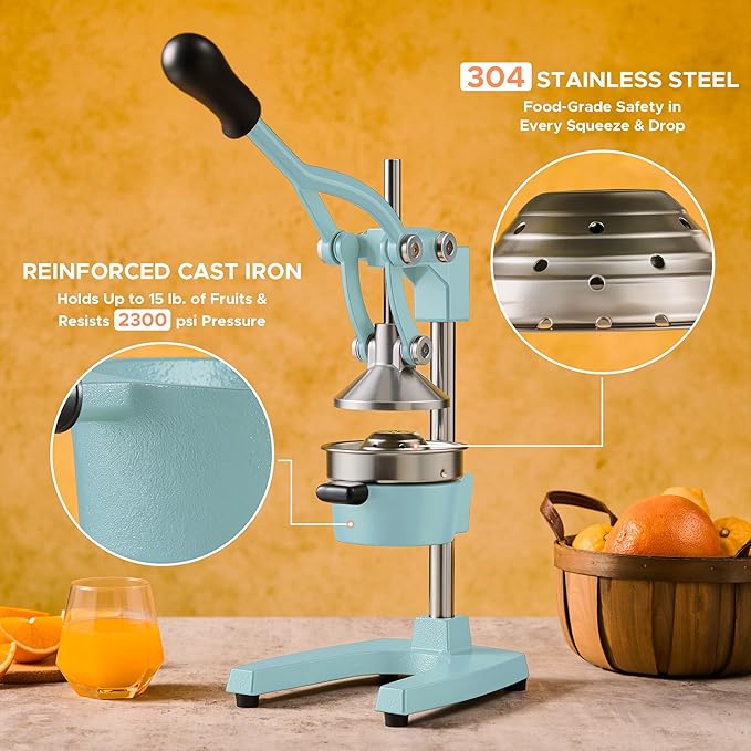 CO-Z Manual Citrus Juicer, Heavy-Duty Manual Juicer with Conical & Flat Pressure Plates, Professional Lemon Squeezer for Orange Pom Lime Lemon Juice, Dishwasher Safe Juice Press, Blue