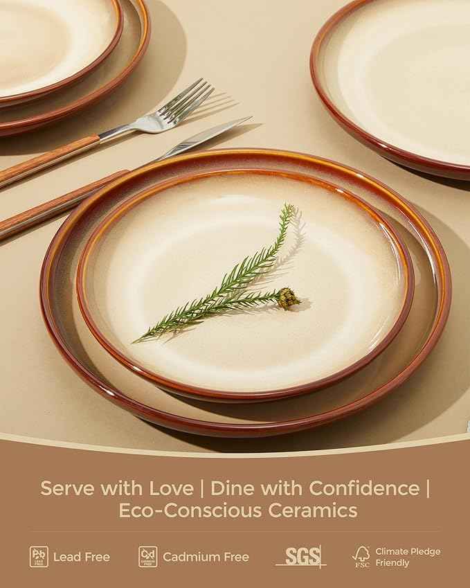 16 Piece Double Bowl Plates and Bowls Sets, Ceramic Dinnerware Sets with Pasta Bowls, Dishwasher & Microwave Safe Dish Set, Scratch Resistant Stoneware Plate Set, Service for 4 Brown Yellow