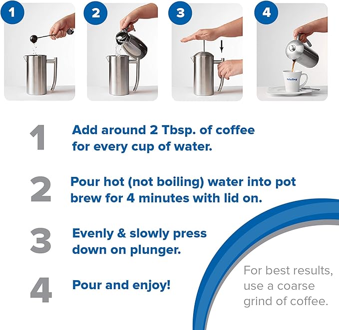 Frieling Coffee Press Stainless Steel French Press Coffee Maker - 44 oz, Brushed Stainless Steel - Double-Walled Insulated Zero Sediment Filter - For Home & Camping