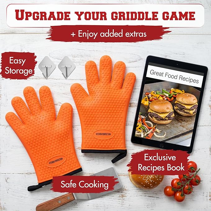 KITCHEN PERFECTION Silicone Oven & Griddle Gloves -Extreme Heat Resistant BBQ & Grilling Gloves -Handle Hot Food Right on Your Griddle |Waterproof Oven Mitts Grill Gloves |Superior Set+3 Bonuses