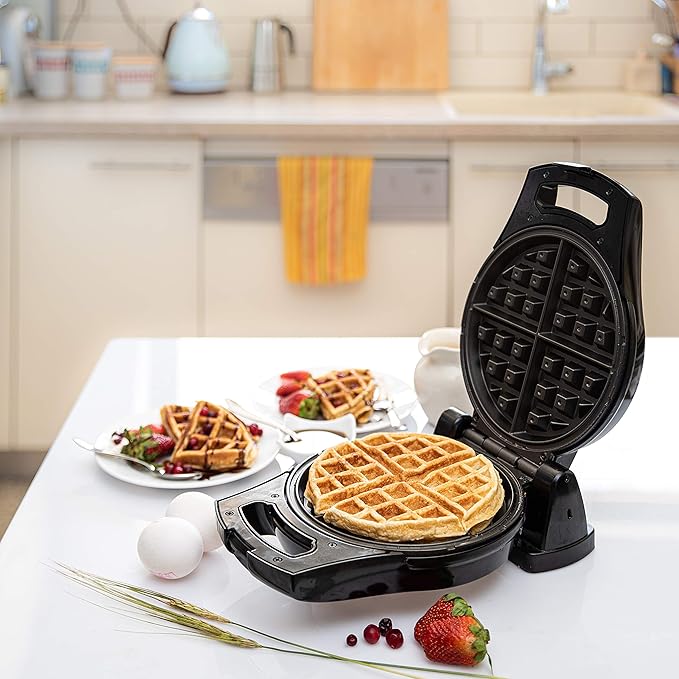 Moss & Stone Belgian Waffle Maker, Electric Flip Waffle Machine with Adjustable Temperature Control, Non-Stick Grids for Smooth Release, Compact 8-Inch Round Waffle Maker, Black
