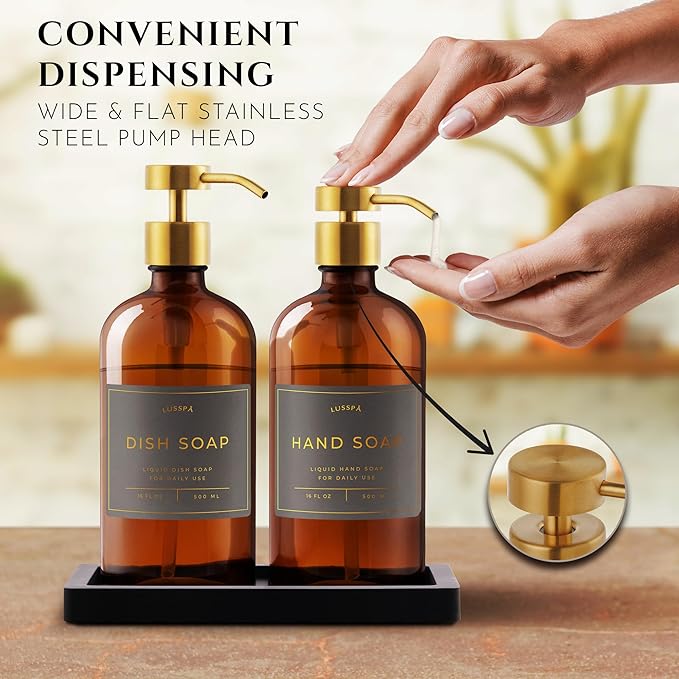 Glass Soap Dispenser Set of 2 (Amber) with Silicone Tray | Hand and Dish Soap Dispenser for Kitchen and Bathroom | 16.8 Oz Glass Bottles with Stainless Steel Pump & 15 Waterproof Labels (Amber/Gold)