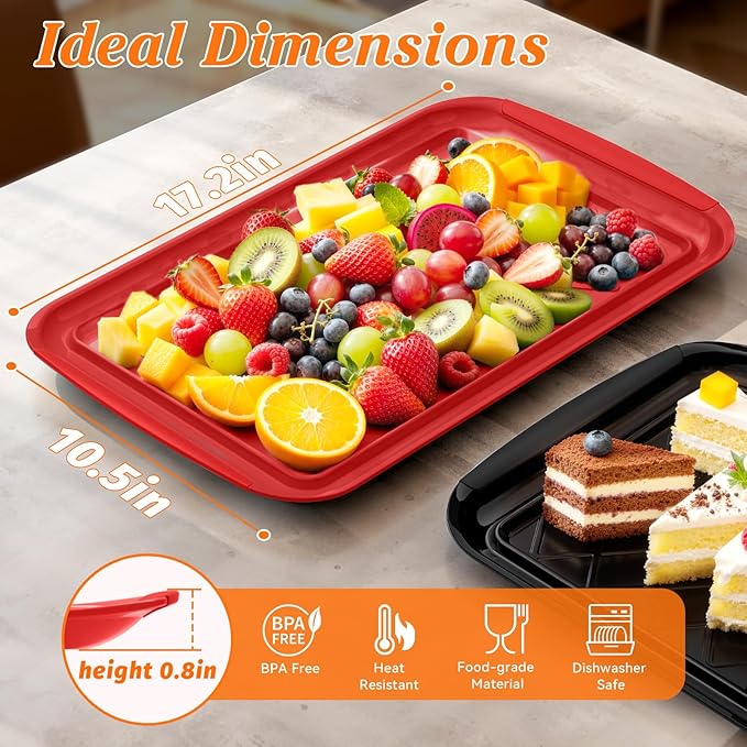 Serving Trays for Party - Set of 4, Large Serving Platters for Raw and Cooked Food, Dishwasher Safe, 17×10.5-inch Stackable Plastic Party Supplies for Grilling, BBQ, Meal Prep (Red, Black)
