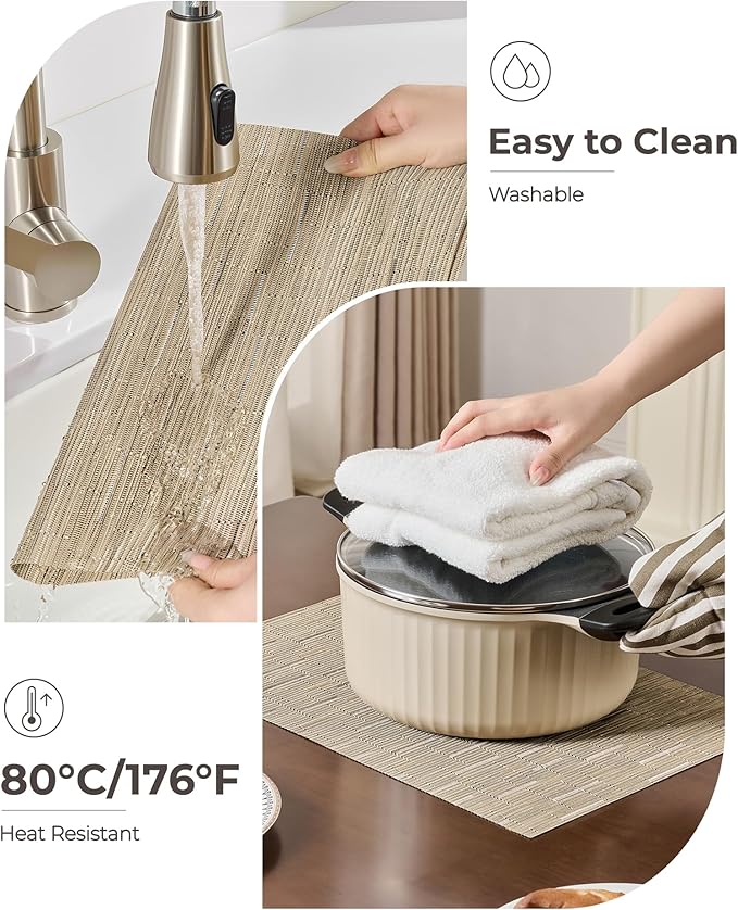 Leetaltree Light Brown Placemats Set of 12 - Heat Resistant Non-Slip Place mats for Dining Table, Washable Durable PVC Vinyl Woven Table Mats（Light Brown, 12）