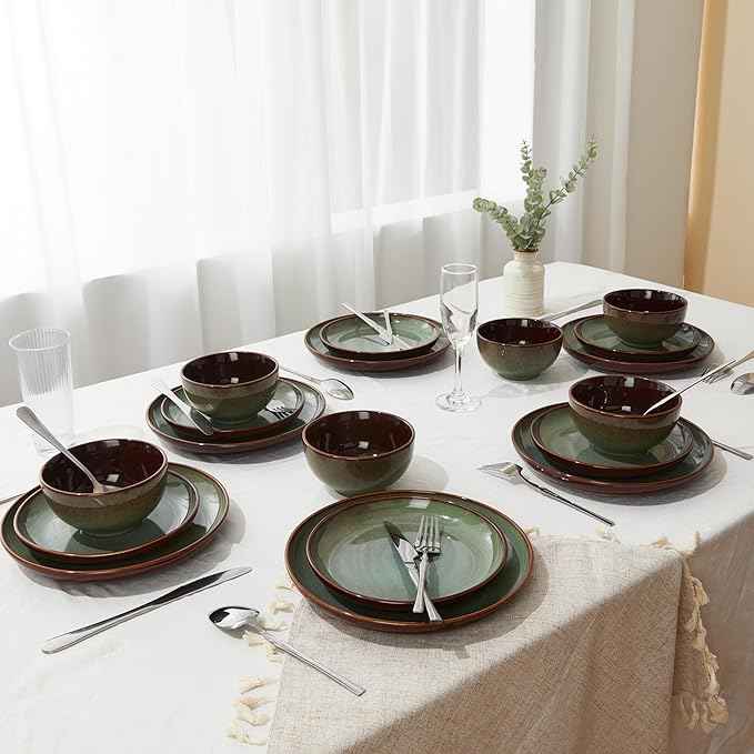 32 Piece Double Bowl Dinnerware Sets with Pasta Bowls, Highly Chip and Crack Resistant Plates and Bowls Sets, Natural Earthyware Ceramic Dishware Sets, Service for 8 Sage Green