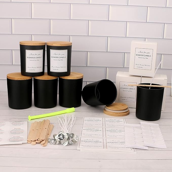 MILIVIXAY 12 Pack 10 OZ Black Matte Glass Candle Jars with Lids and Candle Making Kits - Bulk Empty Candle Jars for Making Candles - Spice, Powder Containers.