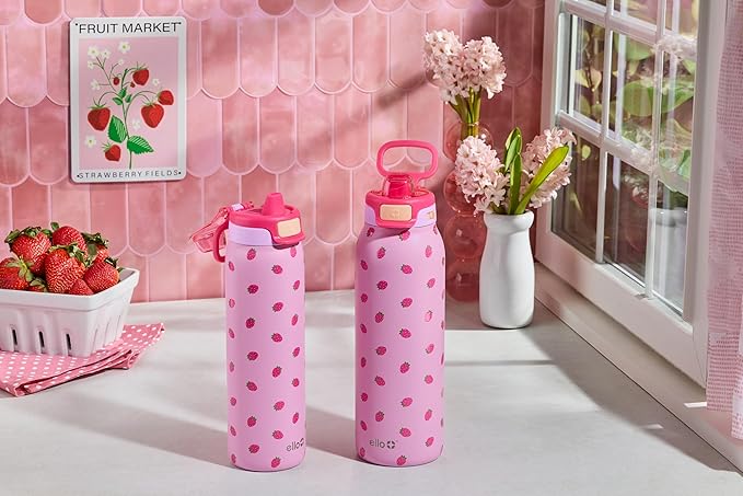 Ello Pop & Fill 22oz Stainless Steel Water Bottle with QuickFill Technology, Double Walled and Vacuum Insulated, Leak Proof Locking Lid, Straw and Chug, Fits Cupholder, Reusable BPA Free, Strawberries