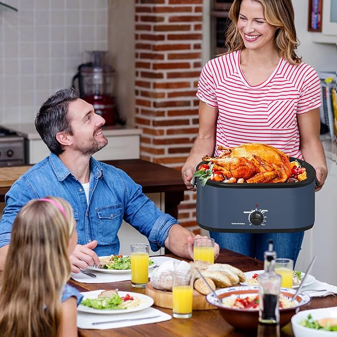 26Qt Turkey Roaster Oven Buffet with Self-Basting Lid, 1450W Electric Roaster Oven with Cool-Touch Handles, with Removable Pan and Rack, Blue