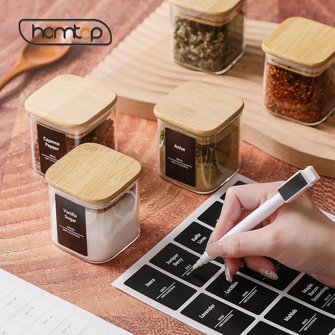 16Pcs 7oz Spice Jars Glass Container with 275 Labels, Airtight Seasoning Empty Organizer with Bamboo Lid Set for Pepper, Salt, Sugar