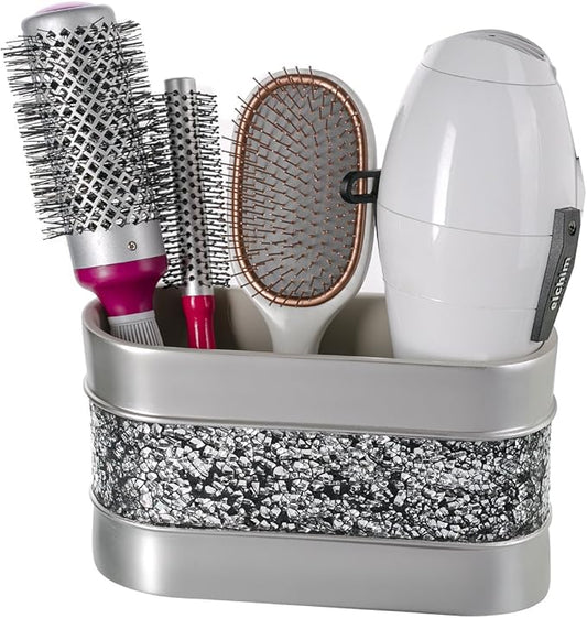 Creative Scents Crackled Glass Silver Toothbrush and Toothpaste Holder for Bathroom - Decorative Bathroom Counter Electric Toothbrush Organizer, 3 Slot, Makeup Brush Holder
