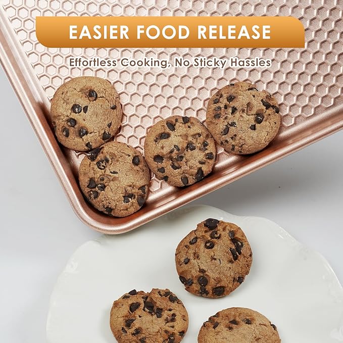 Baking Sheet Pan Set of 3, Nonstick Carbon Steel Cookie Sheets with Texture, Commercial Half/Quarter/Jelly Roll Pans Replacement Toaster Oven Tray, Heavy Duty & Easy Clean, Rose Gold