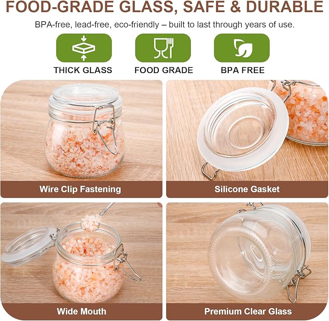 17oz Airtight Glass Jars, 6 Pack Clamp Lid Canisters, Small Food Storage Containers for Spices, Nuts, Snacks, Canning Jar for Jams & Pickling, Pantry Organization