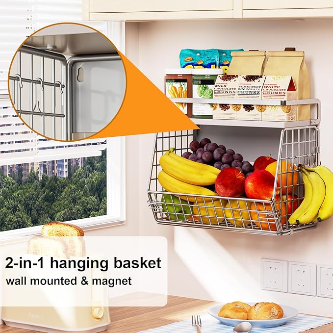 Fruit Basket 2 IN 1 Magnetic & Hanging Wall Produce Basket for Potato Onion Fruit and Vegetable Storage,Magnetic Spice Rack for Refrigerator Kitchen Counter Cabinet Pantry