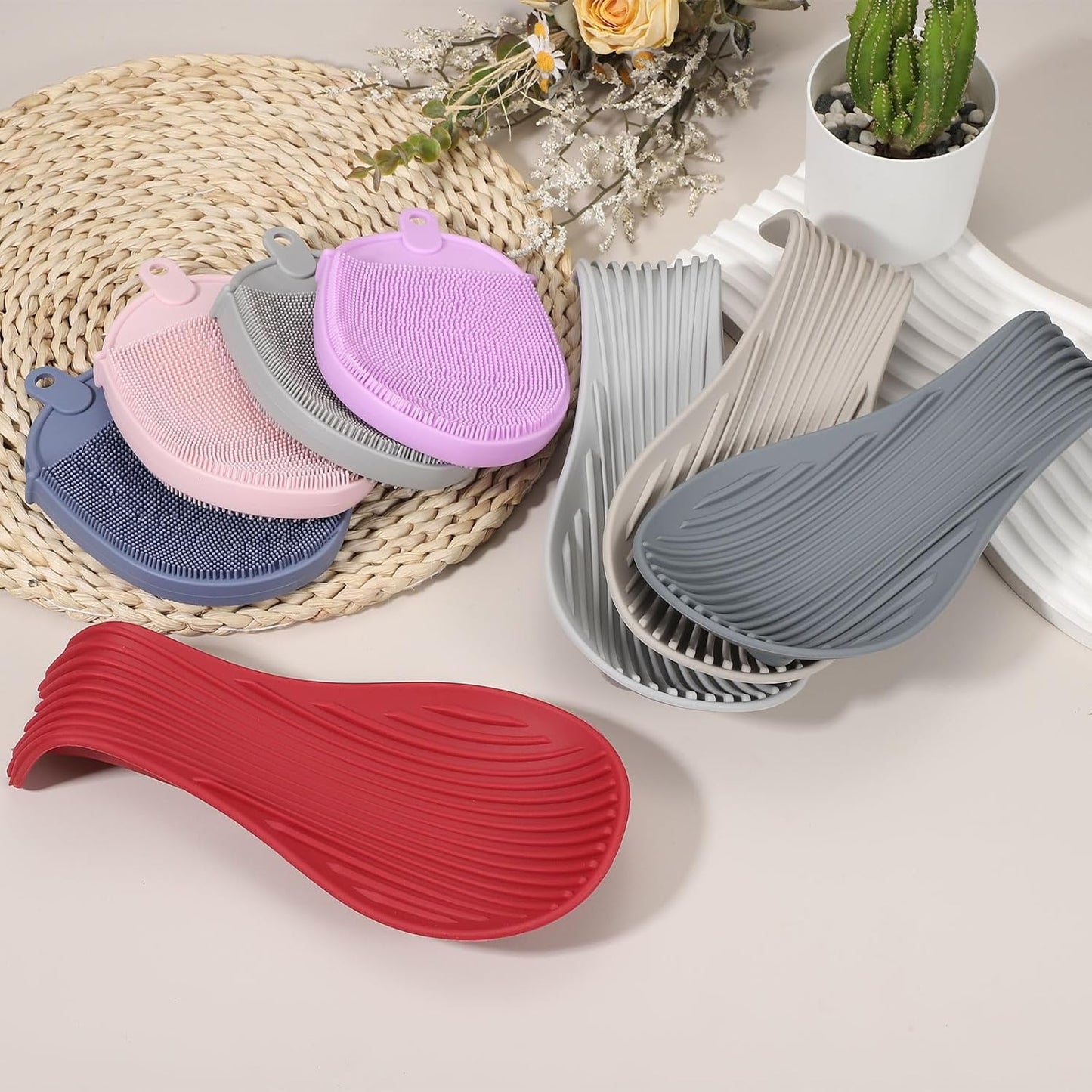 uxcell 1 Set Silicone Spoon Rest for Stove Top, Silicone Spoon Holder for Cooking Spatula, Ladle, Brush Red/Grey