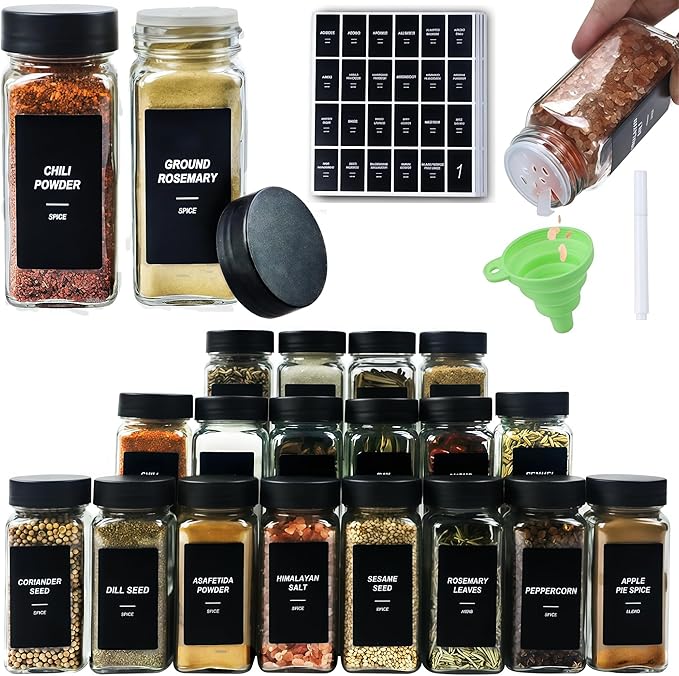 36Pcs Spice Jars Containers with Labels，4oz Black Seasoning Bottles with Shaker Lids for Rack, Cabinet, Drawer,Empty Square Condiment Pots (36, Black)