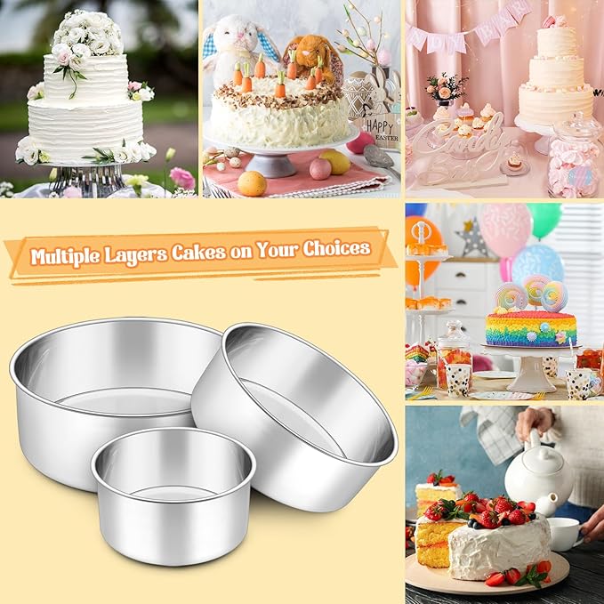 P&P CHEF 6 + 8 + 9.5 Inch Cake Pans Set, Round Baking Pan Stainless Steel Layer Birthday Wedding Cake Oven Pans, Non Toxic & Heavy Duty, Deep Side & Mirror Finish, Dishwasher Safe, (3Pcs)