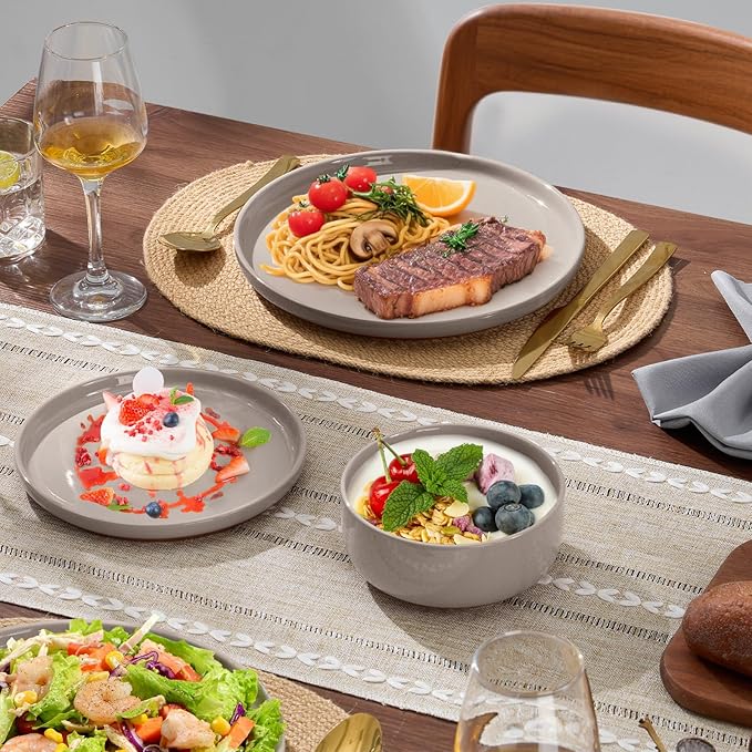 E-far 18-Piece Ceramic Dinnerware Sets, Plates and Bowls Sets for 6, Stoneware Dishware Dishes Set with Terracotta Base, Chip & Scratch Resistant, Microwave & Dishwasher Safe, Speckled Khaki