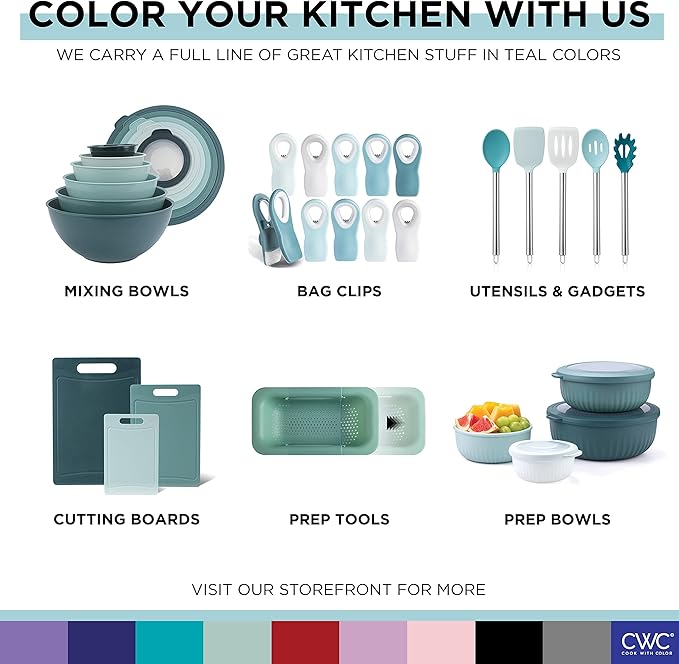 COOK WITH COLOR 4pc Plastic Mixing Bowl Set with Lids (Teal Ombre, 210 ml, 550 ml, 1150 ml, 3500 ml) - Sturdy, Nesting, BPA Free, Dishwasher Safe, Food Safe, Bowls for Cooking and Baking