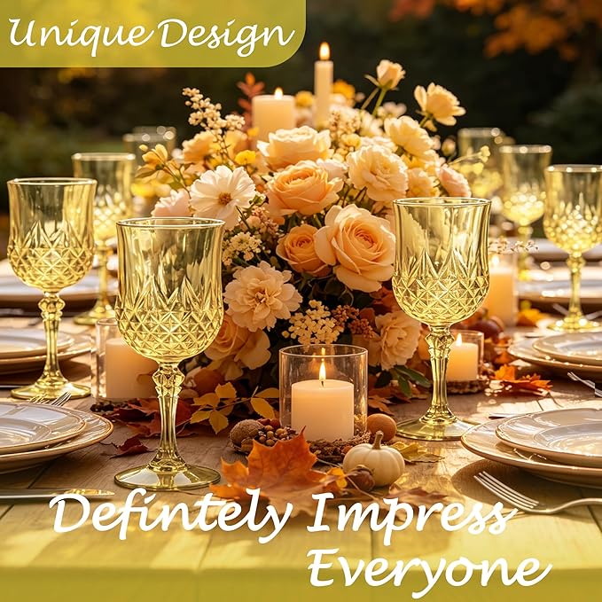 Plastic Wine Glasses, Plastic Goblets Vintage Style Cordial Unbreakable Drinking Glasses, Reusable Drinkware for Wedding Reception, Grand Event Party Supplies (24, Gold)