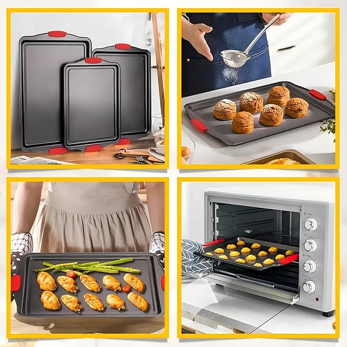 3PCS Carbon Steel Non-Stick Baking Pan | Commercial Restaurant Grade, Double-Sided Non-Stick Coating, Luxurious & Stylish Design with Red Silicone Handle - Oven Safe Kitchen Bakeware