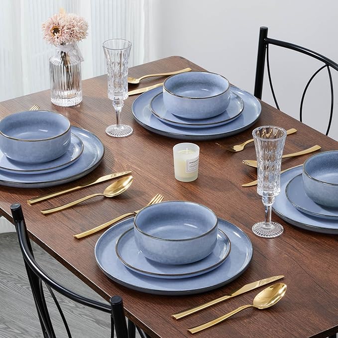 E-far 12-Piece Reactive Glaze Dinnerware Sets, Ceramic Dishes Set for 4, Stoneware Plates and Bowls Dinning Ware, Microwave & Dishwasher Safe - Ocean Blue